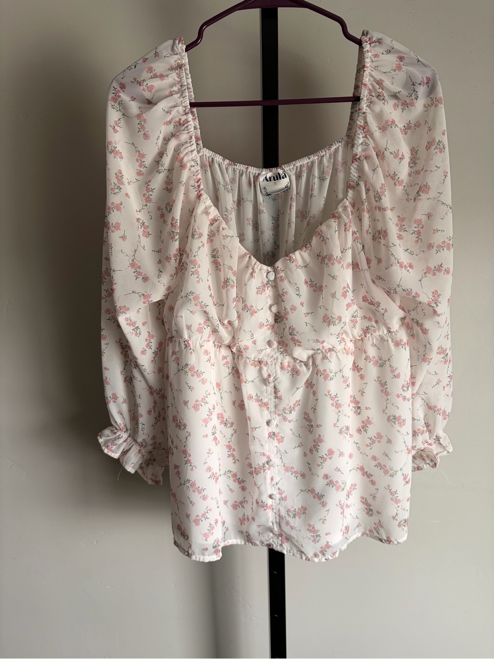 ARULA Sheer White and Pink Floral Long Sleeve Blouse